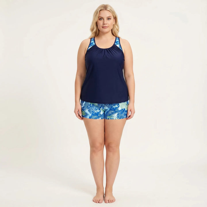 Komfortowy kostium kąpielowy plus size dla kobiet, z modnym tropikalnym wzorem i wysokim stanem.