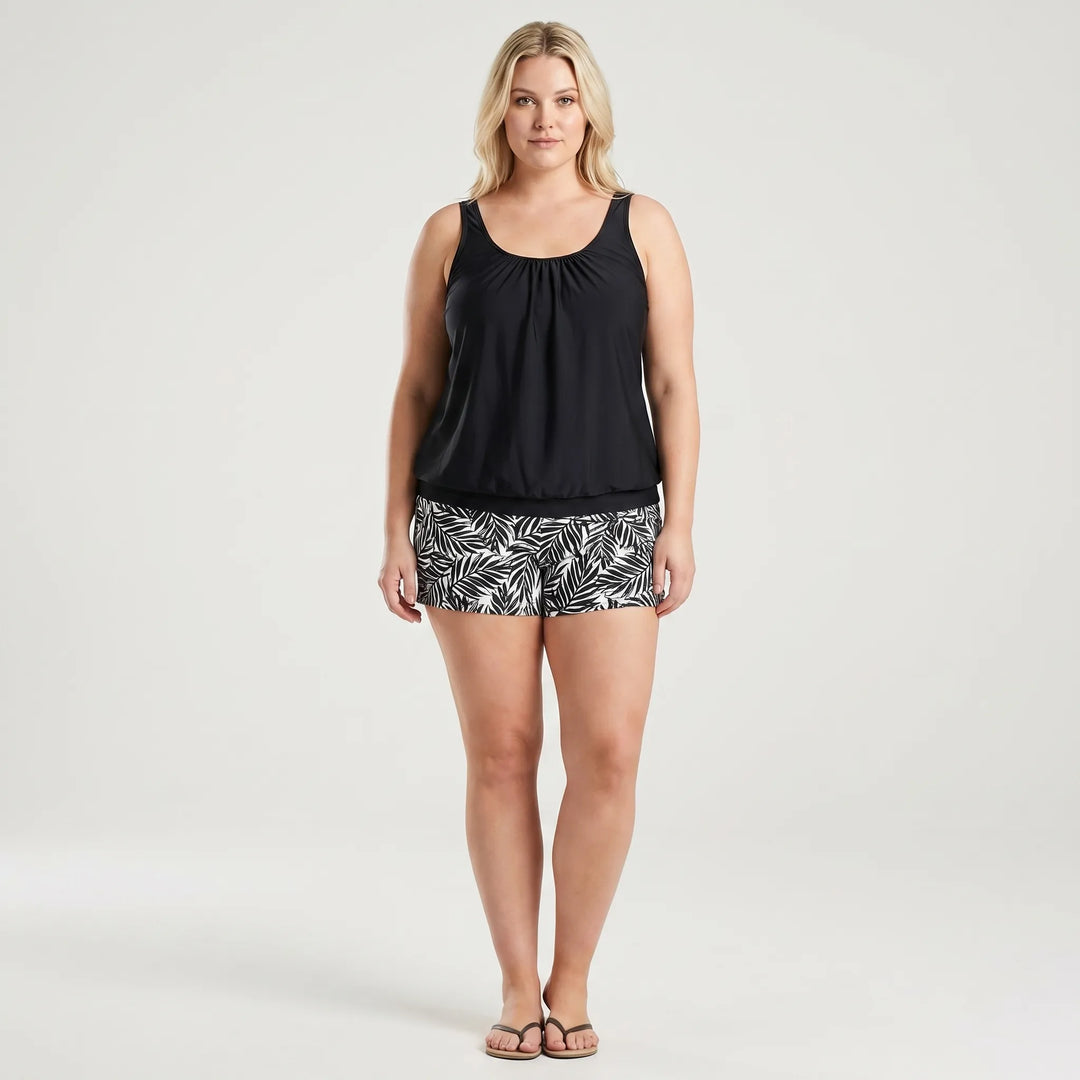 Dwuczęściowy kostium kąpielowy tankini plus size, z tropikalnym wzorem, zapewniający wygodę na lato.
