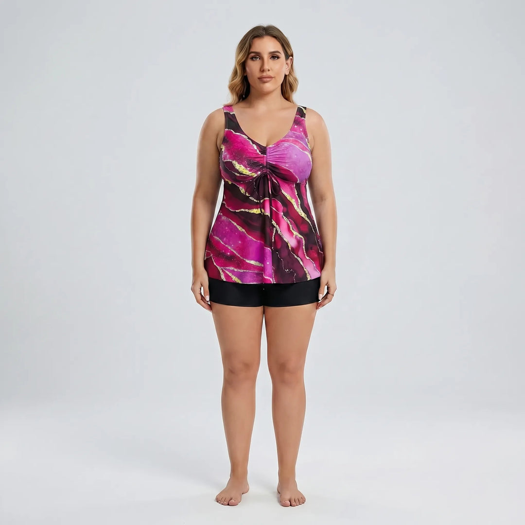 Kostium kąpielowy plus size tankini na lato, z modnym wzorem marmurkowym, dwuczęściowy, szybkoschnący.