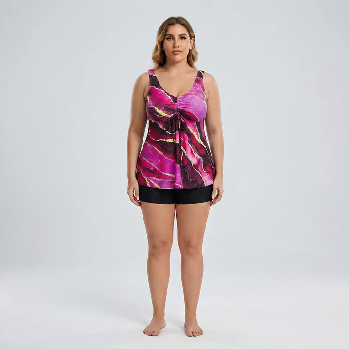 Kostium kąpielowy plus size tankini na lato, z modnym wzorem marmurkowym, dwuczęściowy, szybkoschnący.