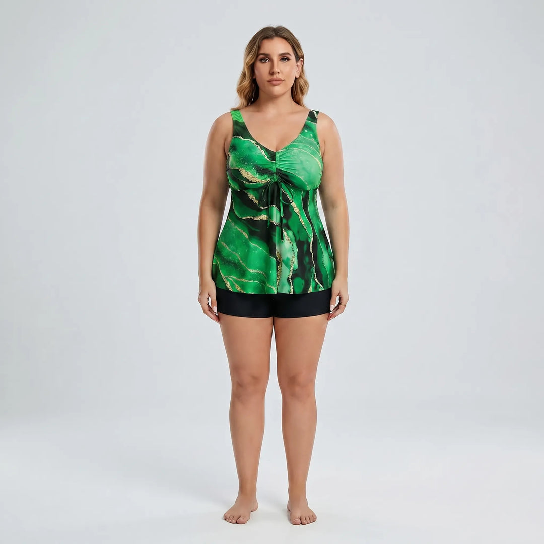 Stylowy kostium kąpielowy tankini plus size, marmurkowy deseń, idealny na plażę i wakacje.