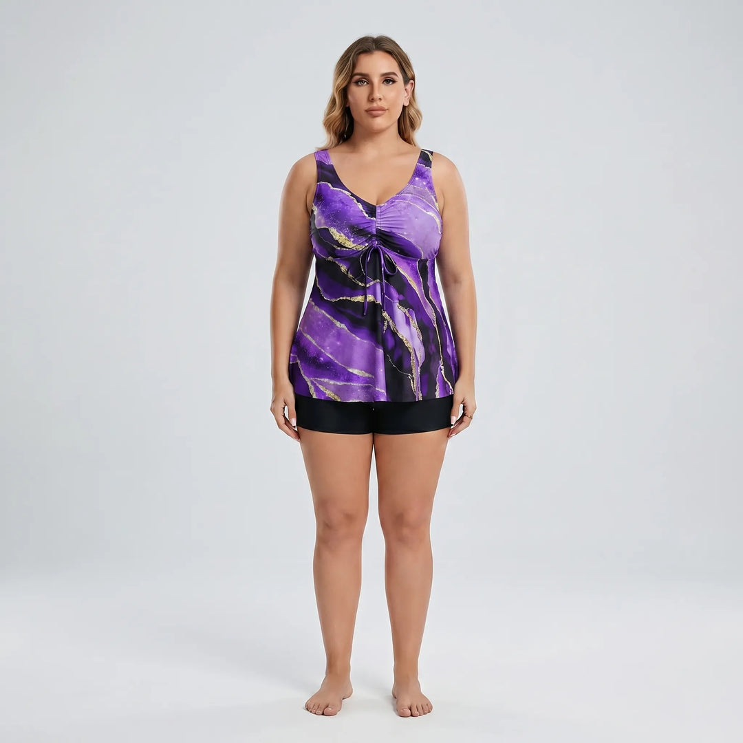 Tankini plus size z biustonoszem i majtkami z wysokim stanem, wzór marmurkowy, komfort i modny wygląd.