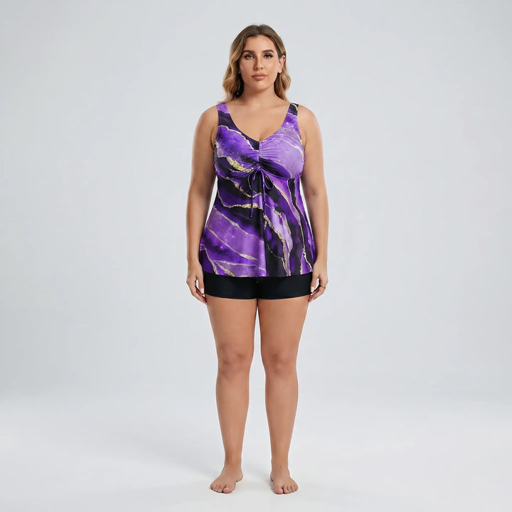 Tankini plus size z biustonoszem i majtkami z wysokim stanem, wzór marmurkowy, komfort i modny wygląd.