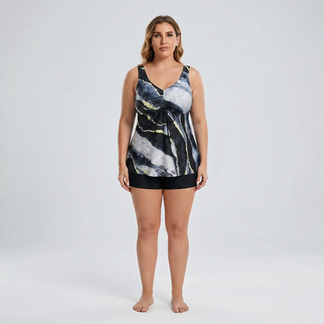 Modny dwuczęściowy kostium kąpielowy tankini plus size, marmurkowy, szybkoschnący, idealny na upalne dni.