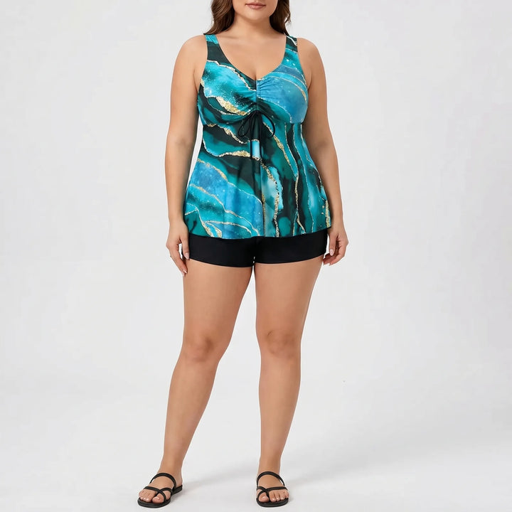 Damski kostium tankini plus size z elastycznego materiału, wysoki stan, marmurkowy, wsparcie i wygoda.
