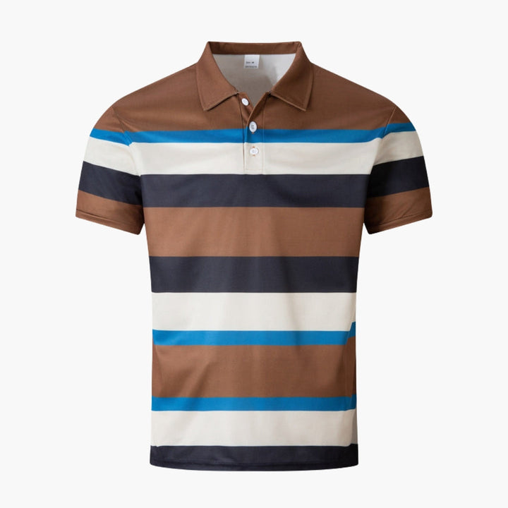 Elegancka męska koszulka polo w paski, idealna do zestawów smart casual na wiosnę. Komfortowy fason.