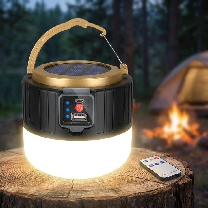 Przenośna lampa kempingowa SolaraGlow z panelem słonecznym, powerbankiem i pilotem, idealna na outdoor i turystykę.