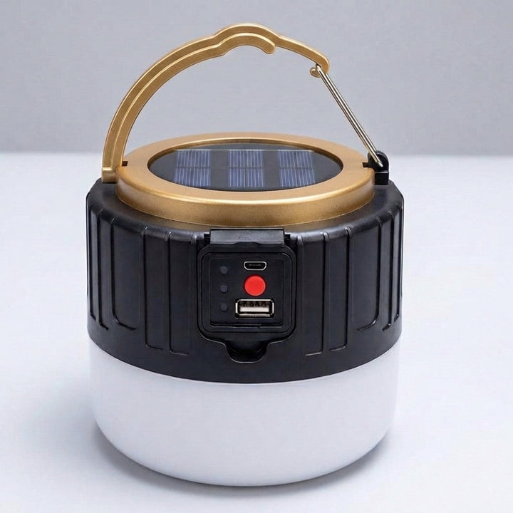 Solarna lampa kempingowa SolaraGlow z funkcją powerbanku, sterowana pilotem, do awaryjnego oświetlenia i biwaku.
