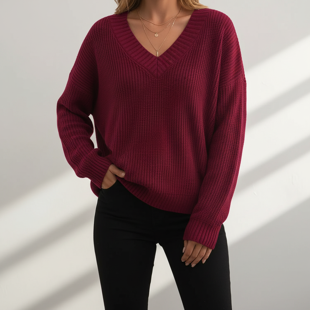 Prosty, elegancki damski sweter z dekoltem w serek, uniwersalny element odzieży casualowej.
