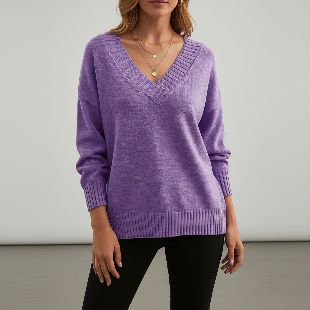 Komfortowy sweter damski V-neck Angelika, miękki, uniwersalny, w stylu casual, idealny na każdą okazję.
