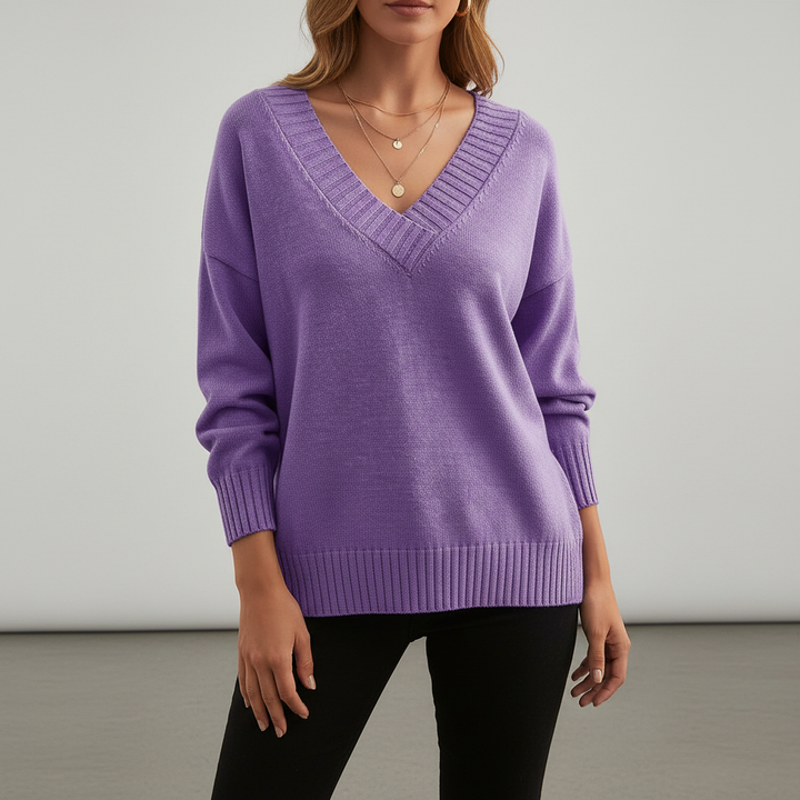 Komfortowy sweter damski V-neck Angelika, miękki, uniwersalny, w stylu casual, idealny na każdą okazję.