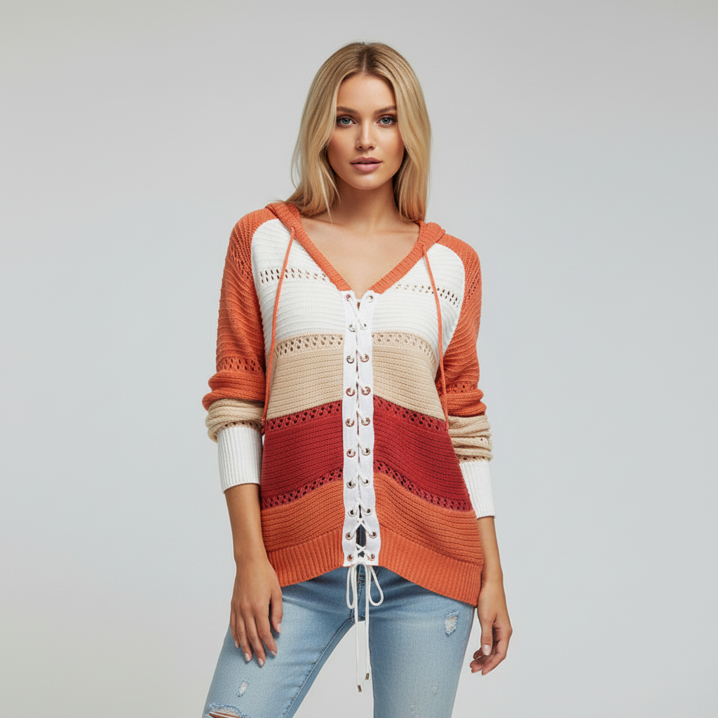 Casualowy damski sweter w paski Susanne. Pulower ze sznurówką, idealny do codziennych stylizacji jesienią/wiosną.