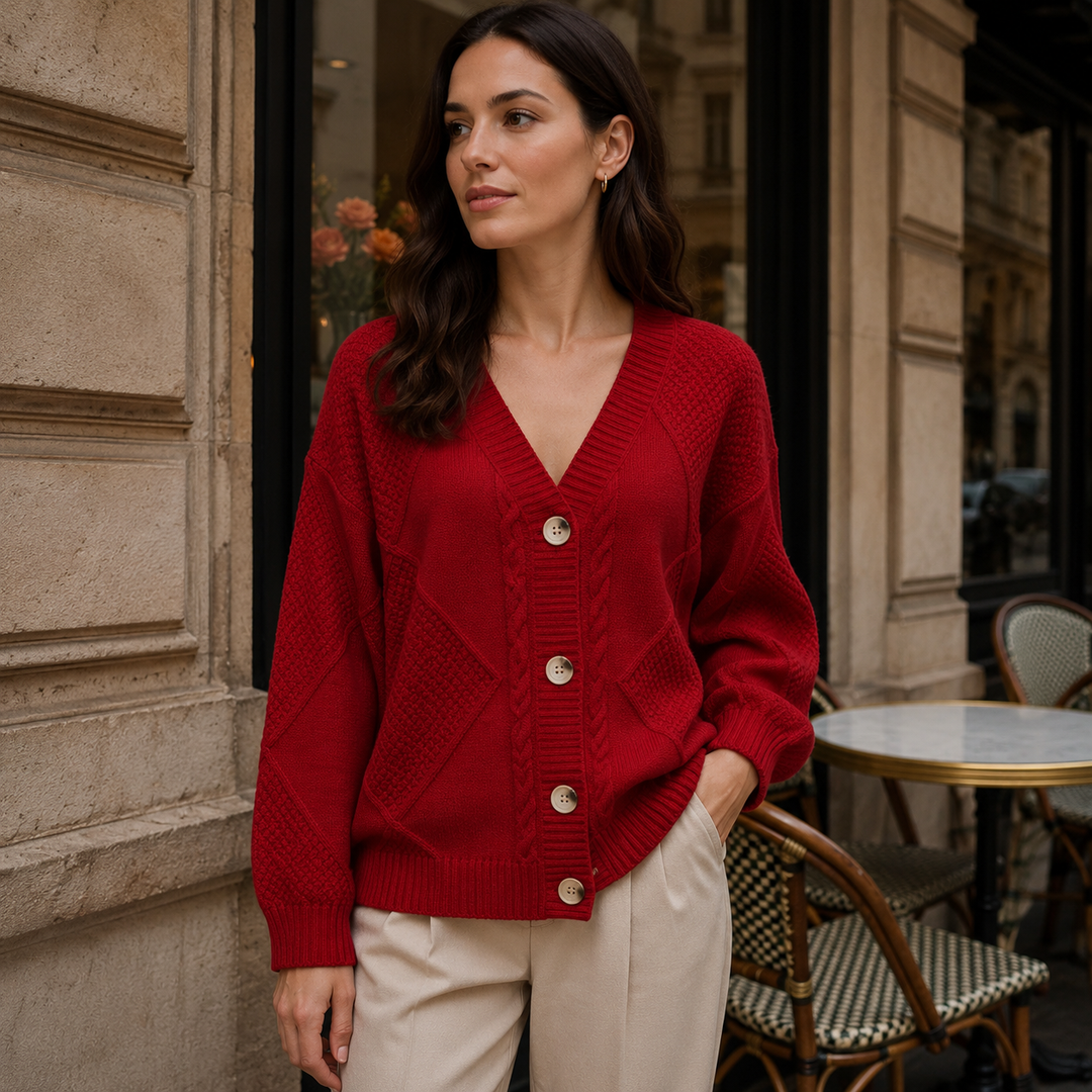 Kobieta w casualowym, miękkim swetrze kaszmirowym z guzikami. Elegancki kardigan, komfortowa moda damska.