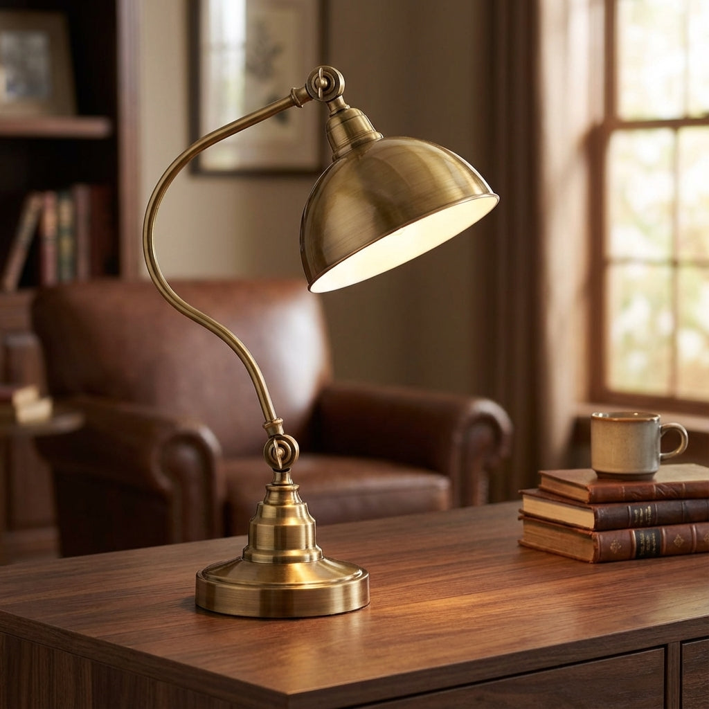 Lampa stołowa LED retro Brasselle, złota/mosiężna, do czytania i biura. Eleganckie oświetlenie vintage.