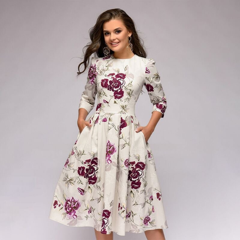 Damska sukienka retro Florina midi z eleganckim kwiatowym wzorem, idealna na co dzień i okazje.