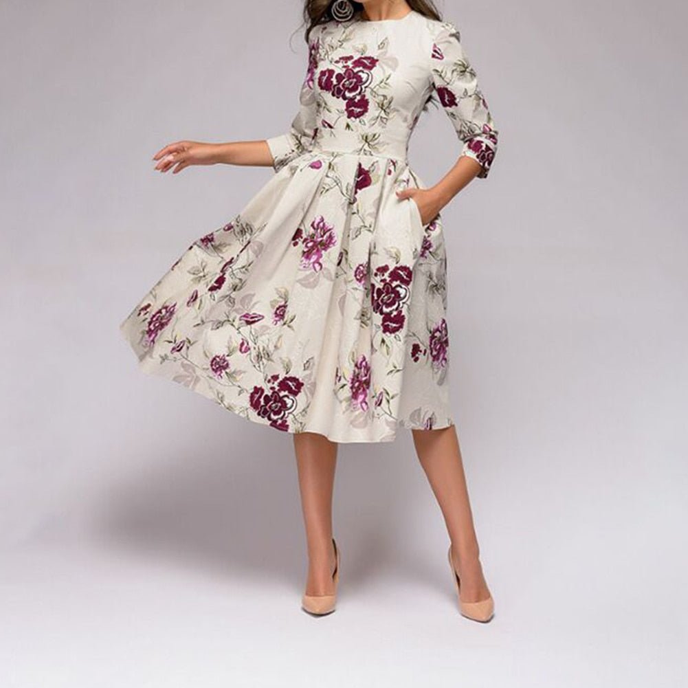 Elegancka sukienka retro Florina midi z kwiatowym wzorem, doskonała na specjalne okazje i na co dzień.
