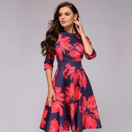 Damska sukienka midi retro Florina z kwiatowym wzorem, widok z tyłu, elegancka i modna.