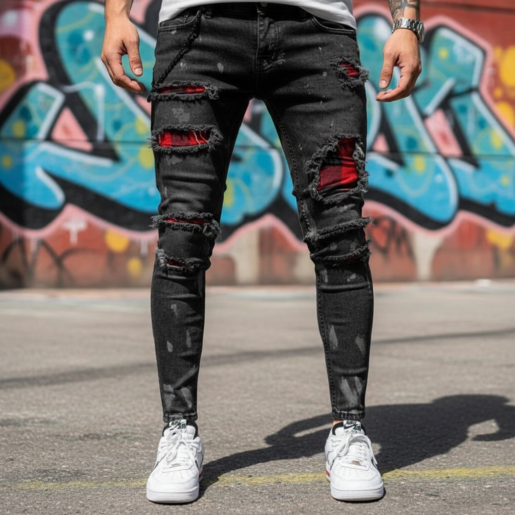 Męskie jeansy slim fit z modnymi przetarciami, idealne do casualowych stylizacji, podkreślające męską sylwetkę.