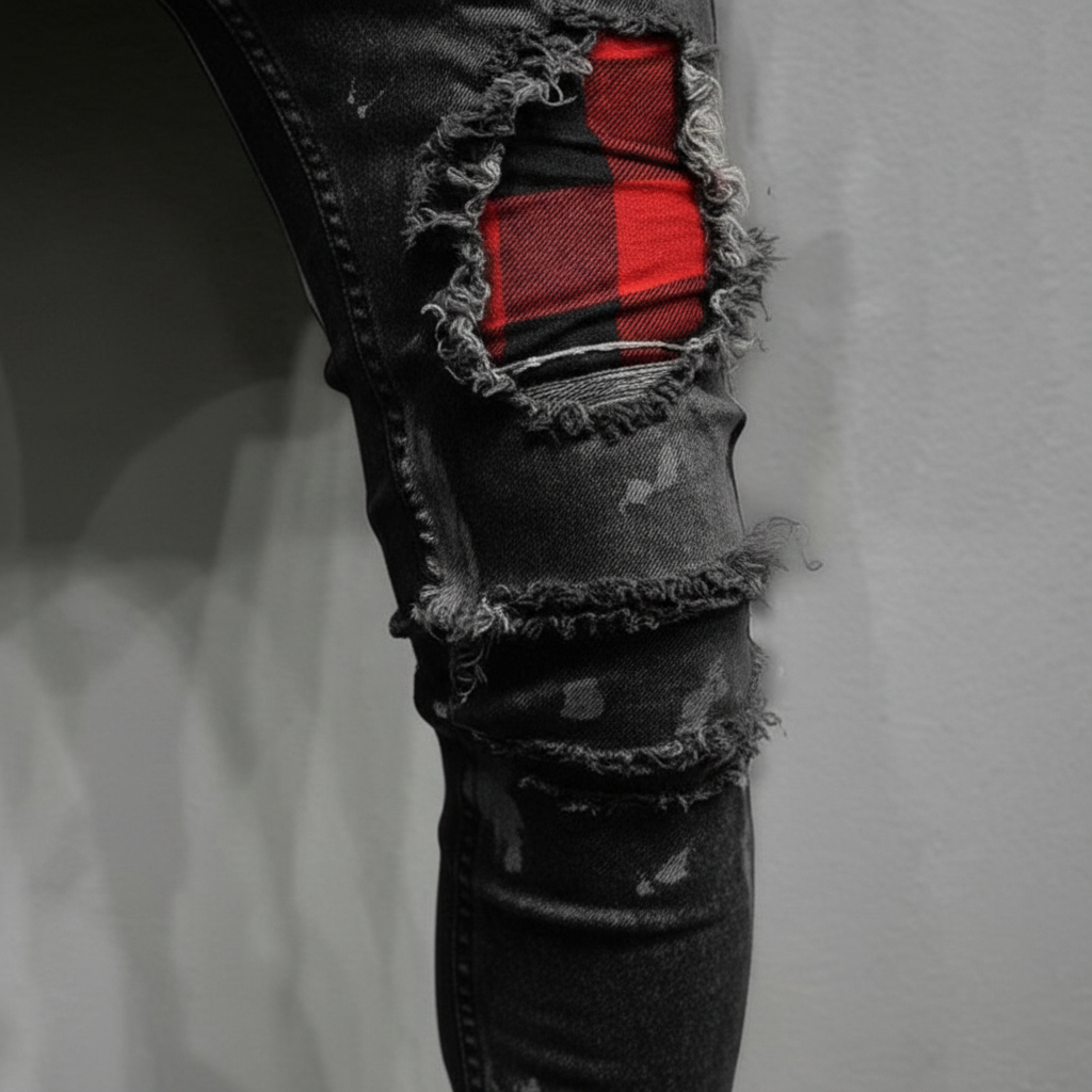 Wygodne męskie spodnie jeansowe slim fit z przetarciami, doskonałe na co dzień, łączące komfort z modnym designem.