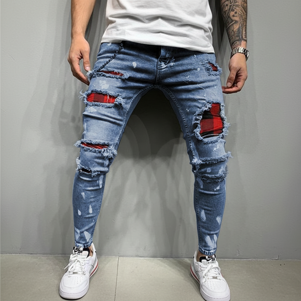 Stylowe męskie jeansy z przetarciami i fasonem slim fit, uniwersalne do wielu codziennych i weekendowych stylizacji.