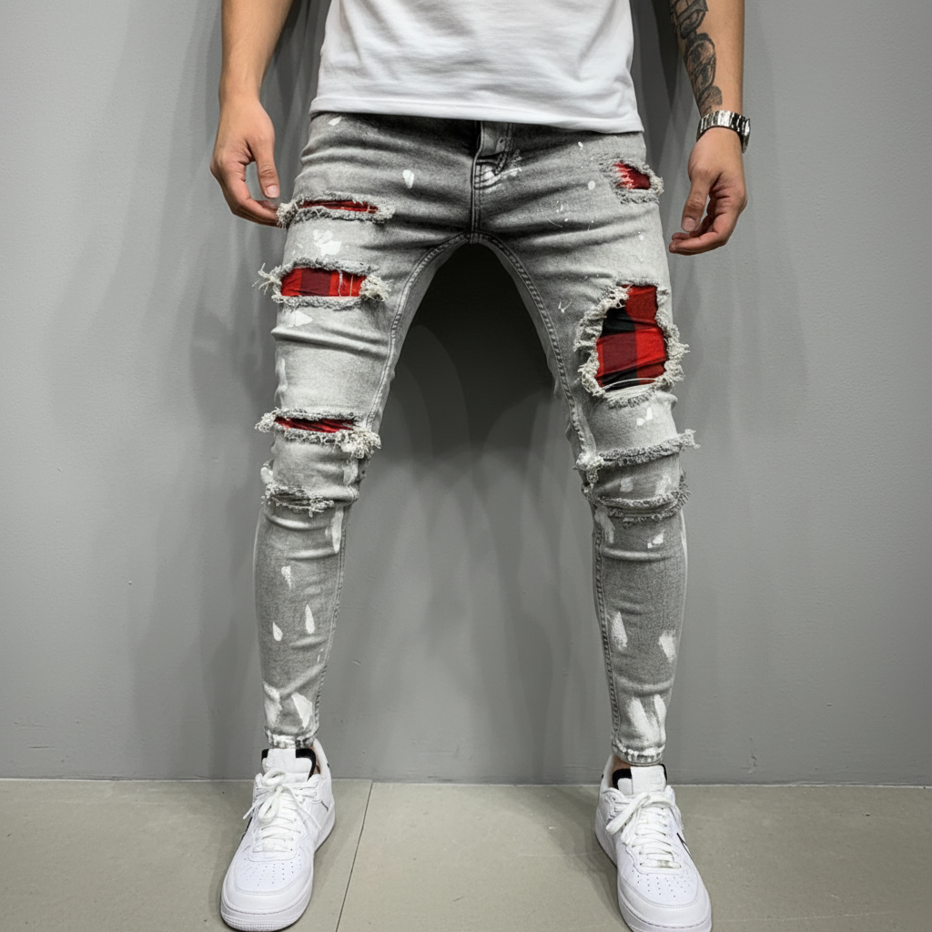 Zbliżenie na męskie jeansy slim fit z wyraźnymi przetarciami, ukazujące teksturę i modne uszkodzenia denimu.