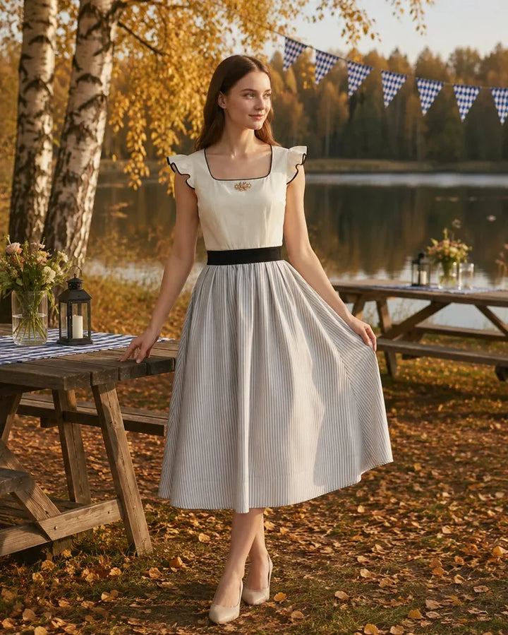 Elegancka sukienka damska midi na Oktoberfest, bawarski strój ludowy, biała z elementami vintage i długim rękawem.