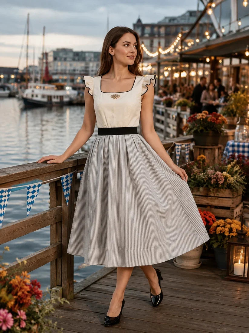 Vintage sukienka bawarska damska midi, tradycyjny strój na festyn, Oktoberfest. Długi rękaw, styl patchwork.