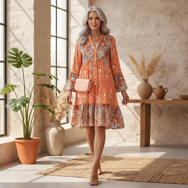 Modna sukienka damska mini boho z kwiatami. Idealna na lato, plażę i casualowe wyjścia. Kolorowa i wiosenna.