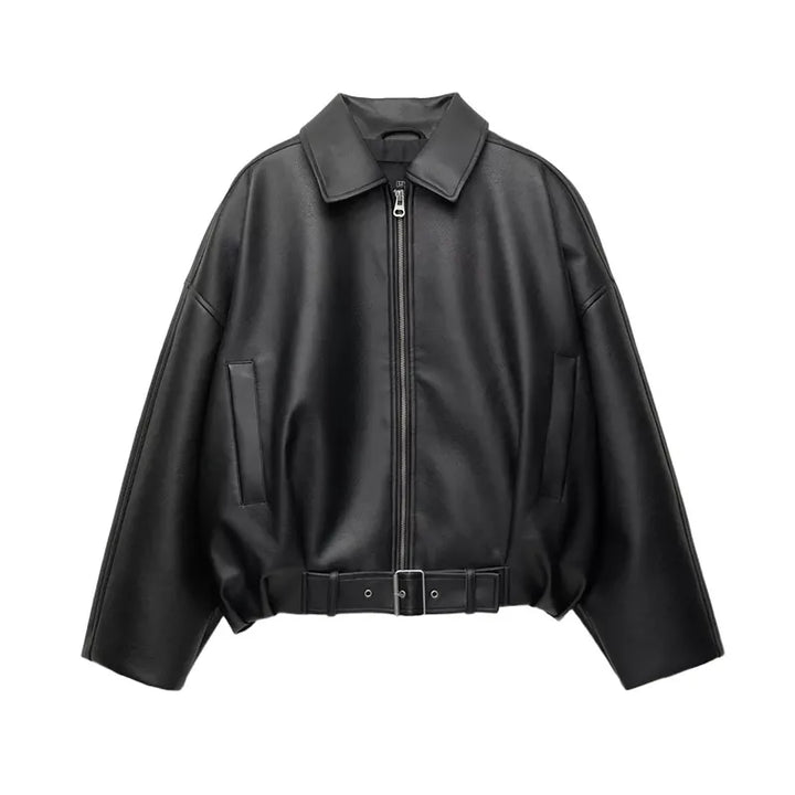 Damska brązowa kurtka oversize z kołnierzem i zamkiem. Długi rękaw, nowoczesny design, styl casual i streetwear.