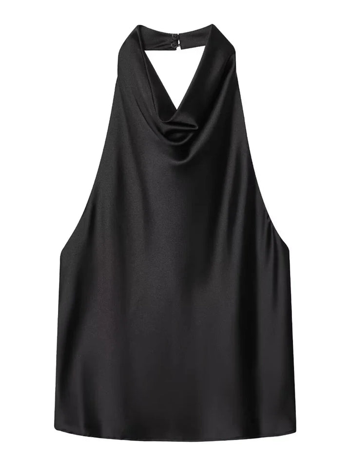 Czarny damski top halter z marszczonym dekoltem. Elegancki i wygodny, doskonały na ciepłe dni.