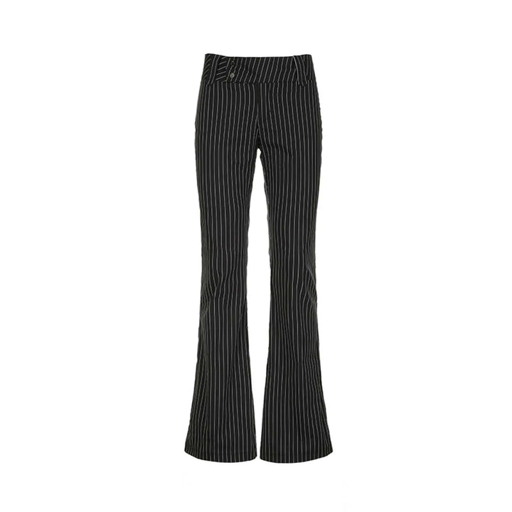 Stylowe damskie spodnie w paski z wysokim stanem, szerokie nogawki. Eleganckie i komfortowe, moda do biura.