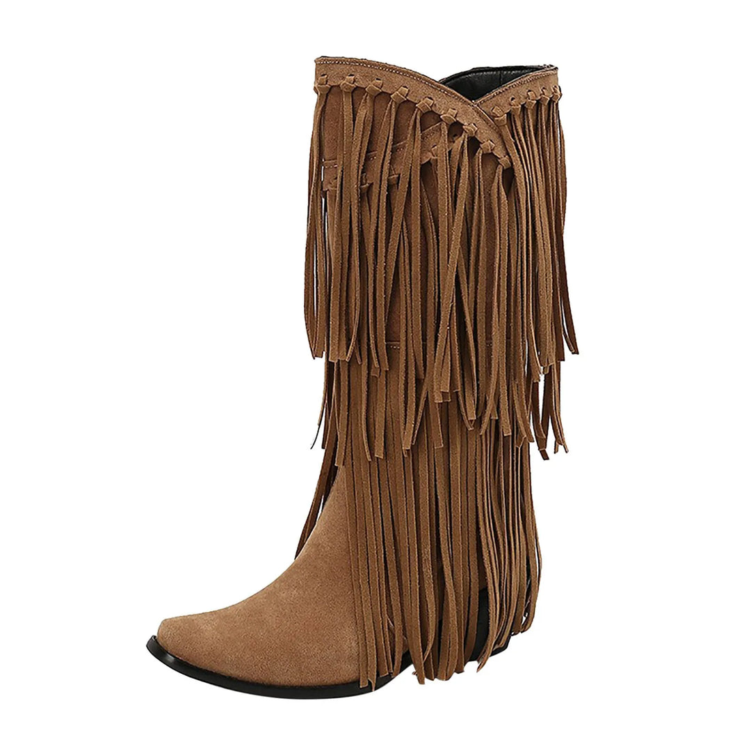 Burgundowe welurowe buty kowbojskie damskie boho z frędzlami. Wysokie, eleganckie na co dzień.