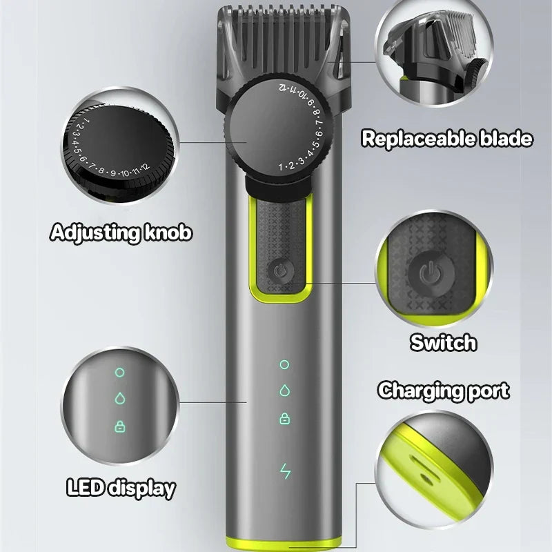 Wodoodporny trymer HydroTrim do brody i włosów, idealny do użycia pod prysznicem lub na sucho.