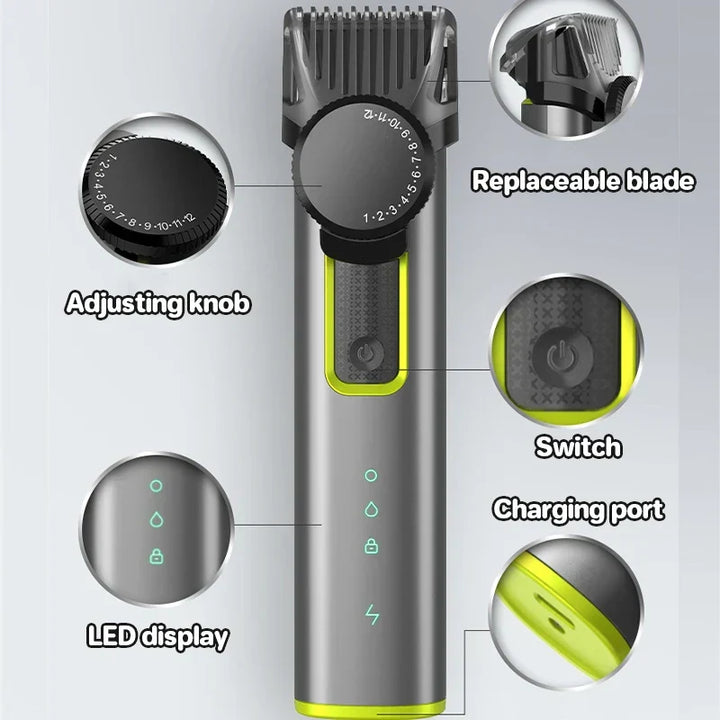 Wodoodporny trymer HydroTrim do brody i włosów, idealny do użycia pod prysznicem lub na sucho.