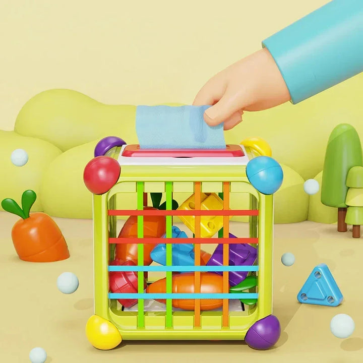 Kostka manipulacyjna Montessori: Wielofunkcyjny blok aktywności dla niemowląt, uczący rozpoznawania kształtów i kolorów.