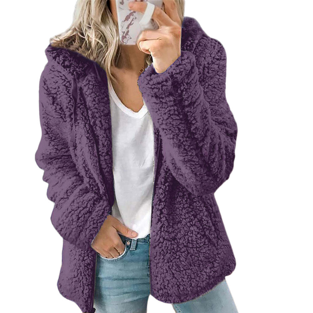 Stylowy damski płaszcz teddy fleece Liora, miękki i puchaty. Casualowa kurtka zimowa z zamkiem.