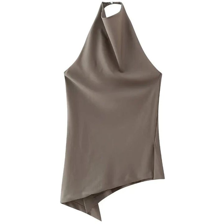 Dwuczęściowy zestaw damski: top halter i spodnie z prostą nogawką. Elegancki, letni komplet.