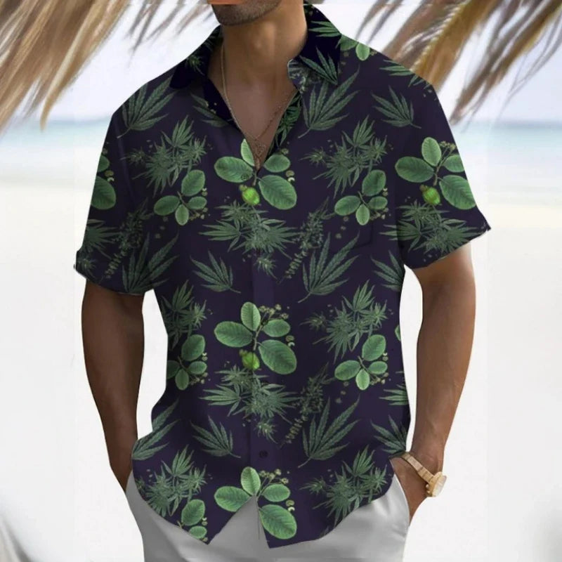 Elegancka letnia koszula męska w hawajskim stylu, krótki rękaw, liście, casualowa moda na plażę.