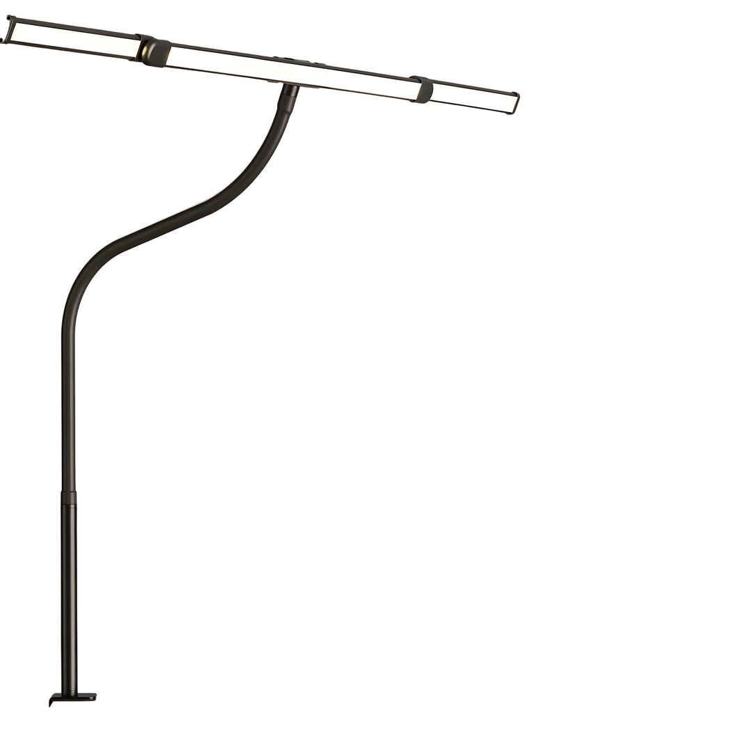 Czarna lampa biurkowa LED z regulowaną szyjką, nowoczesny design. Idealna do biura, przyjazna oczom.