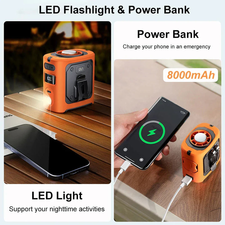 Unisex wentylator na pas z powerbankiem, zapewnia chłodzenie i ładowanie w drodze. Idealny gadżet outdoor.