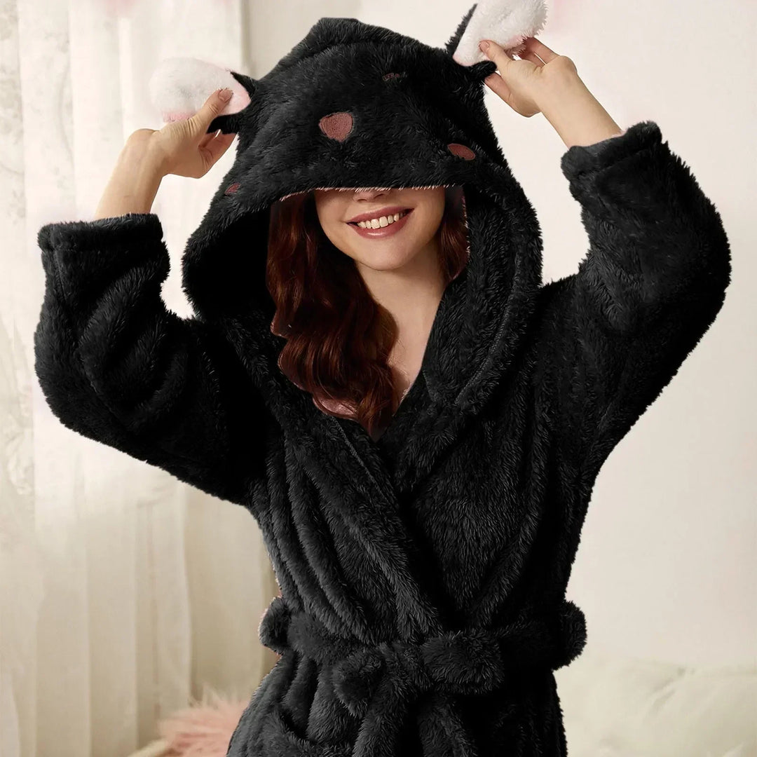 Miękki szlafrok damski typu BunnyHug, z kapturem, uszy królika, ciepła flanela na zimne dni.