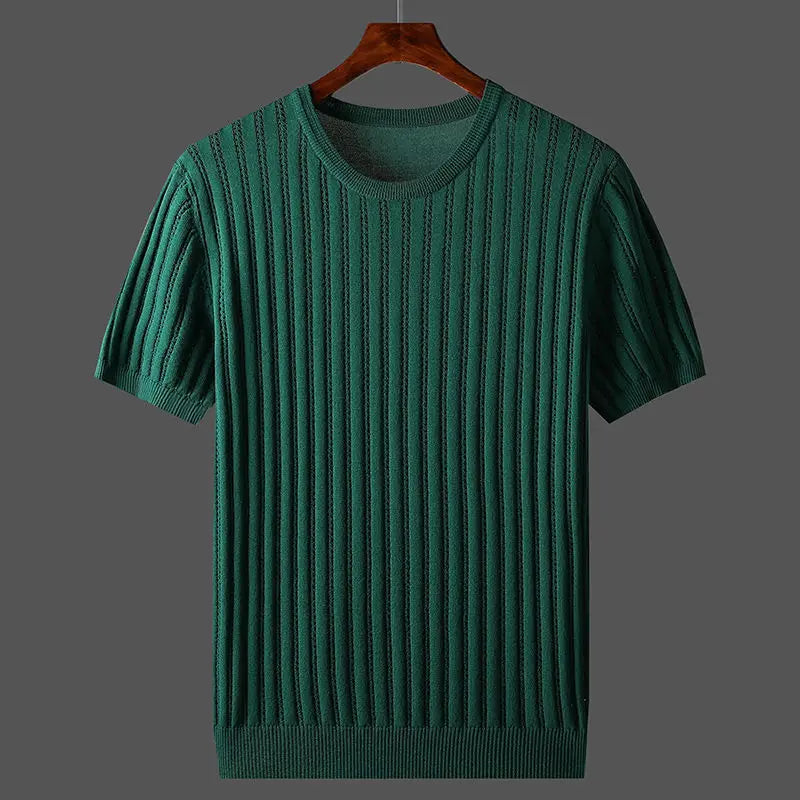 Uniwersalny męski t-shirt smart casual, dzianinowy, z okrągłym dekoltem i wykończeniem ściągaczem.