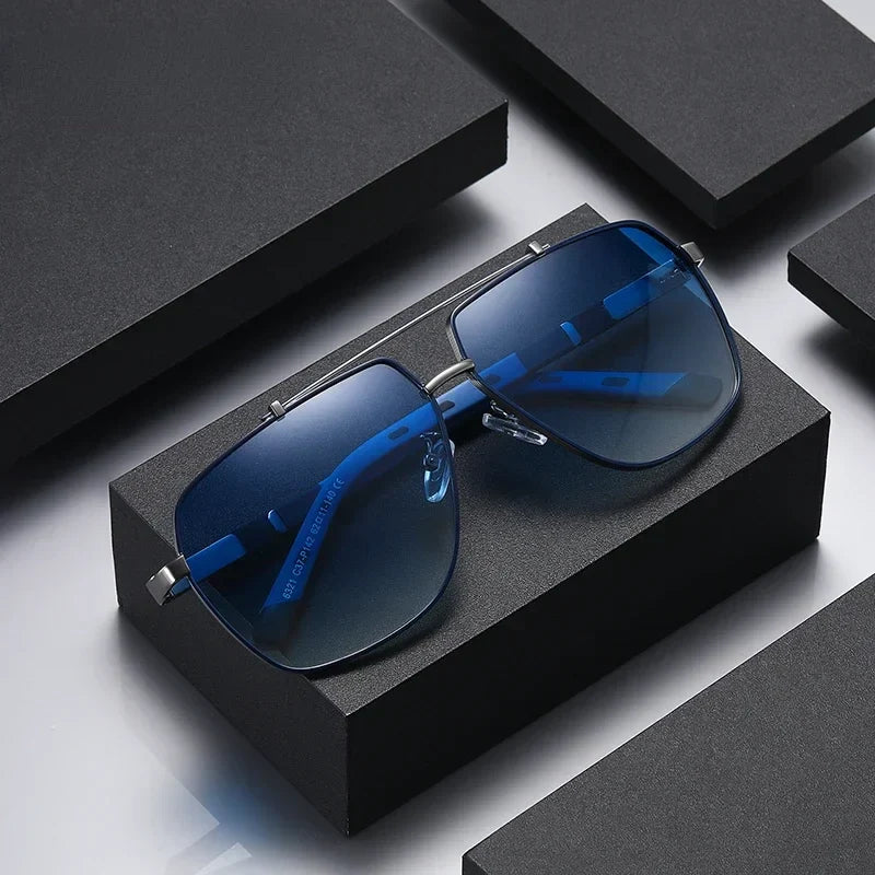 Męskie okulary przeciwsłoneczne kwadratowe z polaryzacją w zbliżeniu. Wytrzymałe i stylowe akcesorium letnie.