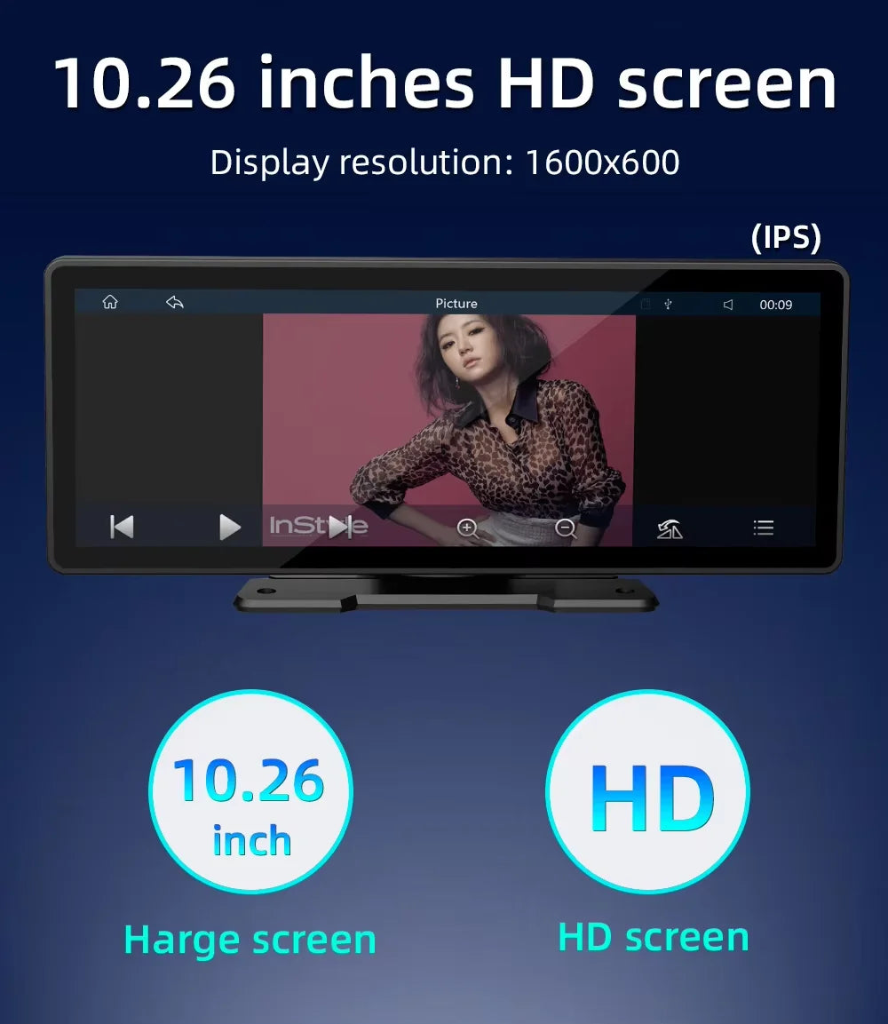 Jasny ekran 10.26" odtwarzacza multimedialnego, prezentujący interfejs CarPlay i Android Auto.