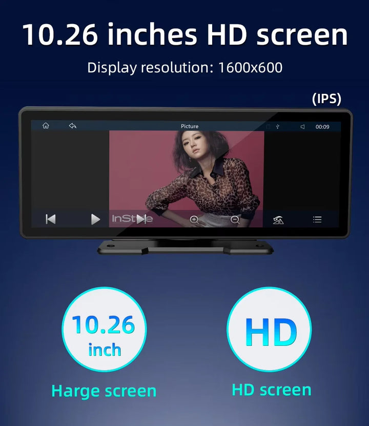 Jasny ekran 10.26" odtwarzacza multimedialnego, prezentujący interfejs CarPlay i Android Auto.
