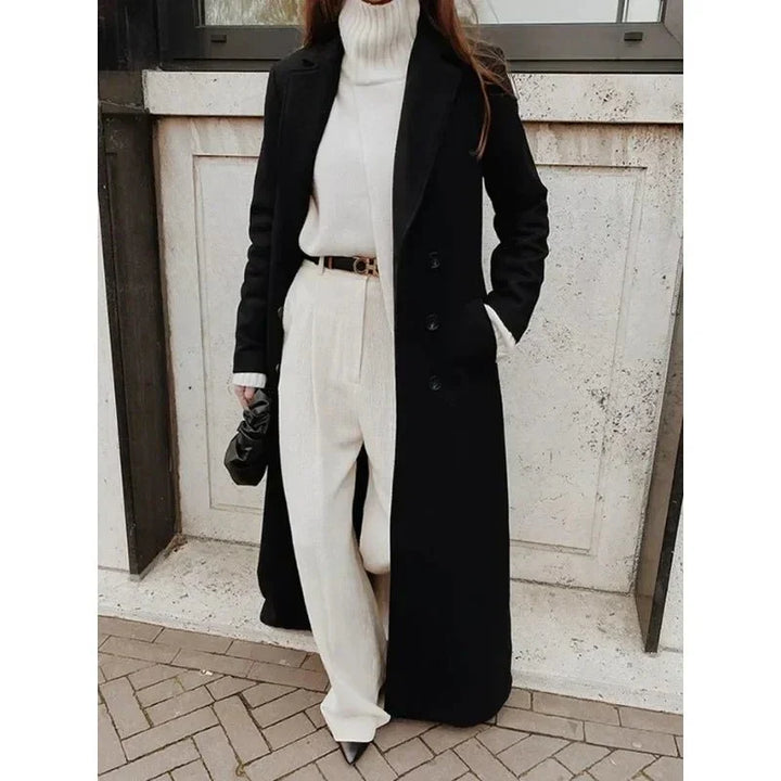 Damski klasyczny długi płaszcz dwurzędowy, czarny, jesienny/zimowy. Elegancka odzież wierzchnia do biura i na okazje.