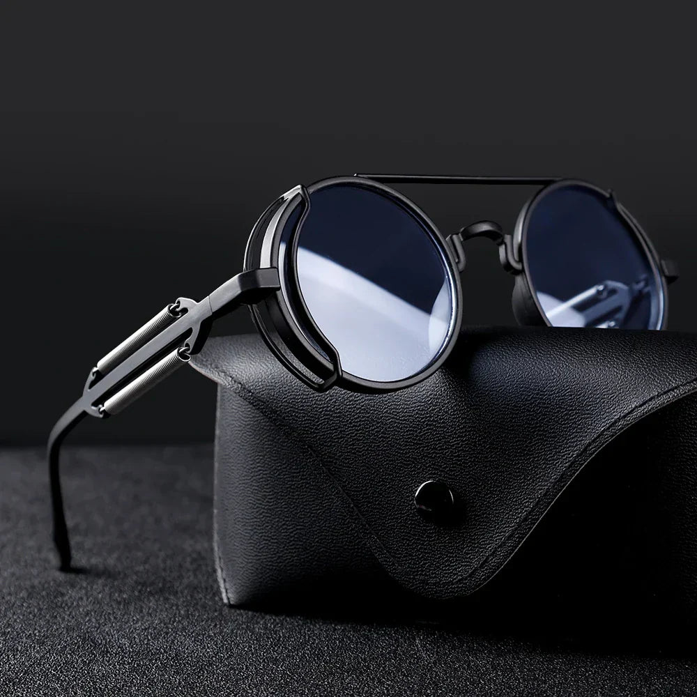 Stylowe męskie okulary steampunk metalowe, okrągłe, z ochroną UV400. Modny dodatek w stylu retro.