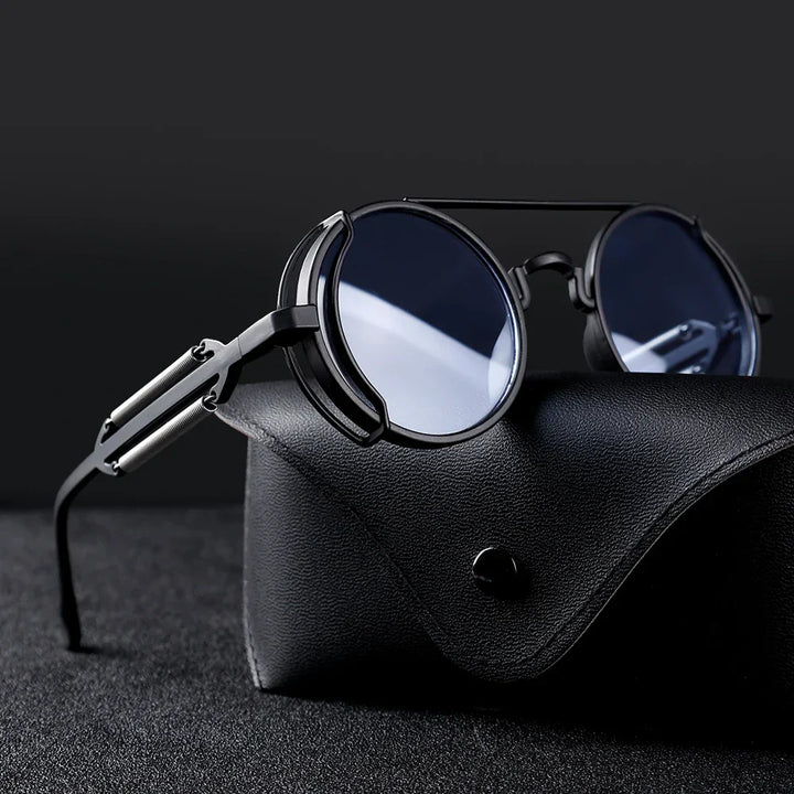 Stylowe męskie okulary steampunk metalowe, okrągłe, z ochroną UV400. Modny dodatek w stylu retro.