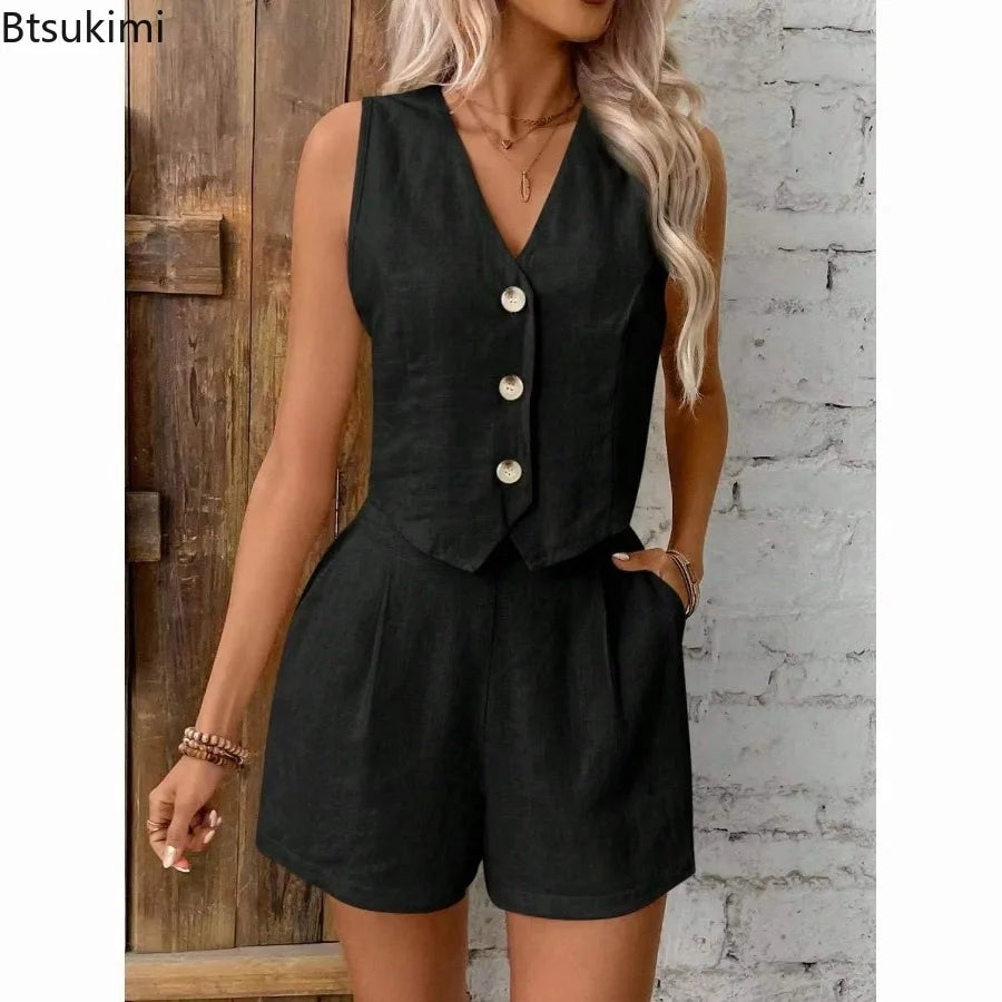 Damska kamizelka V-neck i szorty z wysokim stanem. Stylowy komplet dwuczęściowy idealny na lato.