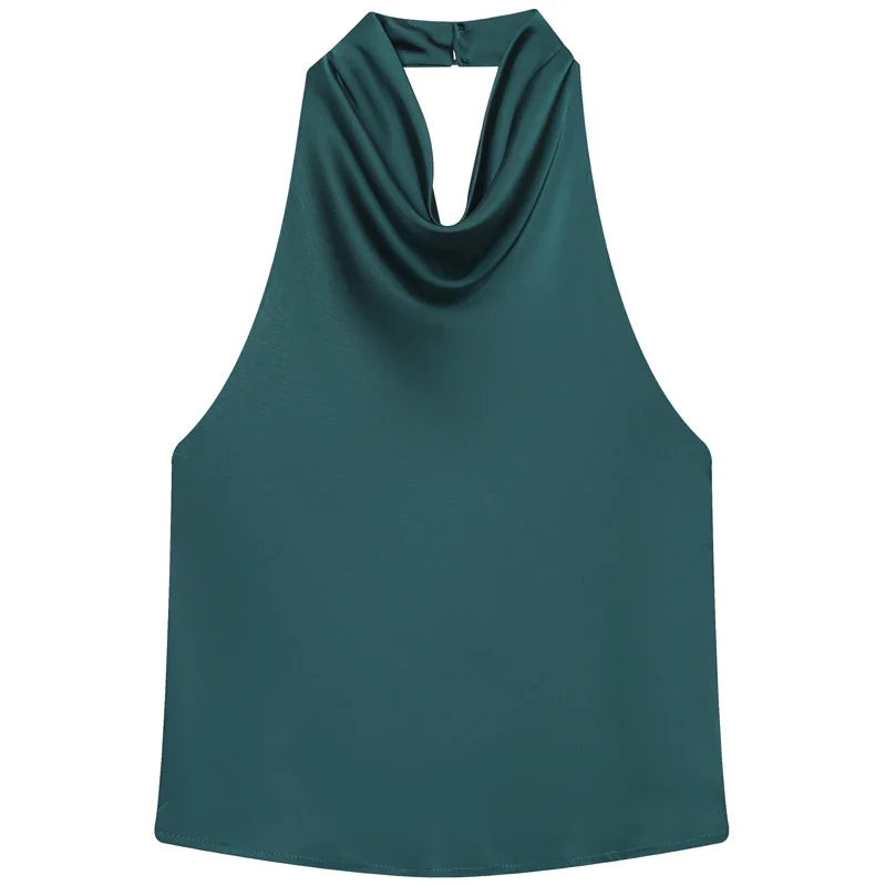 Damski top halter z wyrafinowanym, drapowanym dekoltem. Ponadczasowy styl bez rękawów.
